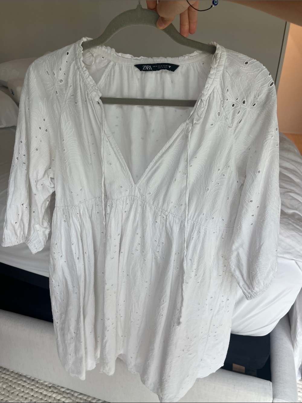 Zara White Eyelet V-Neck Mini Dress